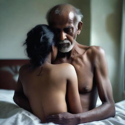 An image of an old man without a shirt hugging a beautiful and cute Bangladeshi girl from behind