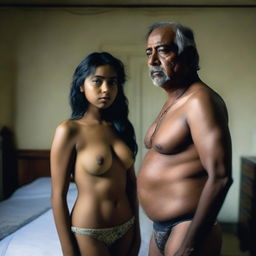 A beautiful Bangladeshi girl wearing lingerie, facing forward, standing in a bedroom with a somber expression