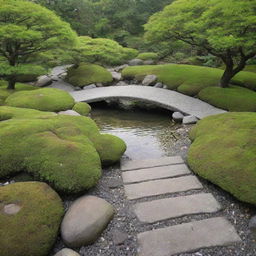 A tranquil view of a serene Japanese Zen garden with a small stone bridge, lush green foliage, and smooth pebbles.