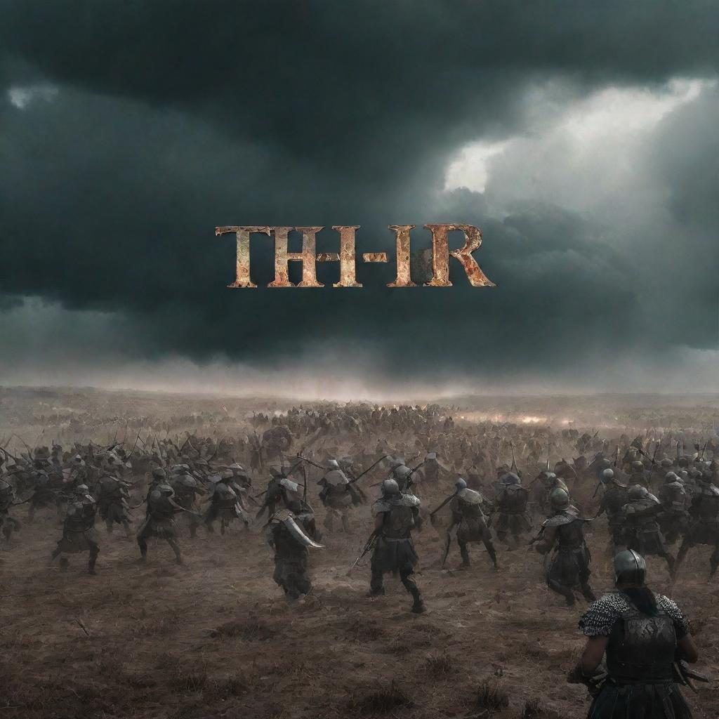 A detailed, action-packed battleground filled with warriors, set under an ominous sky with the name 'THR' prominently displayed in the foreground.