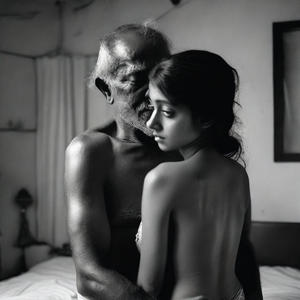 An image of an old man without a shirt hugging a beautiful and cute Bangladeshi girl from behind