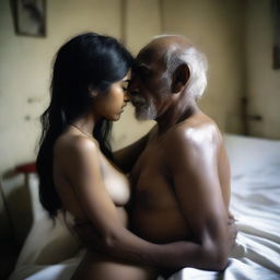 An image of an old man without a shirt hugging a beautiful and cute Bangladeshi girl from behind