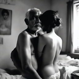 An image of an old man without a shirt hugging a beautiful and cute Bangladeshi girl from behind