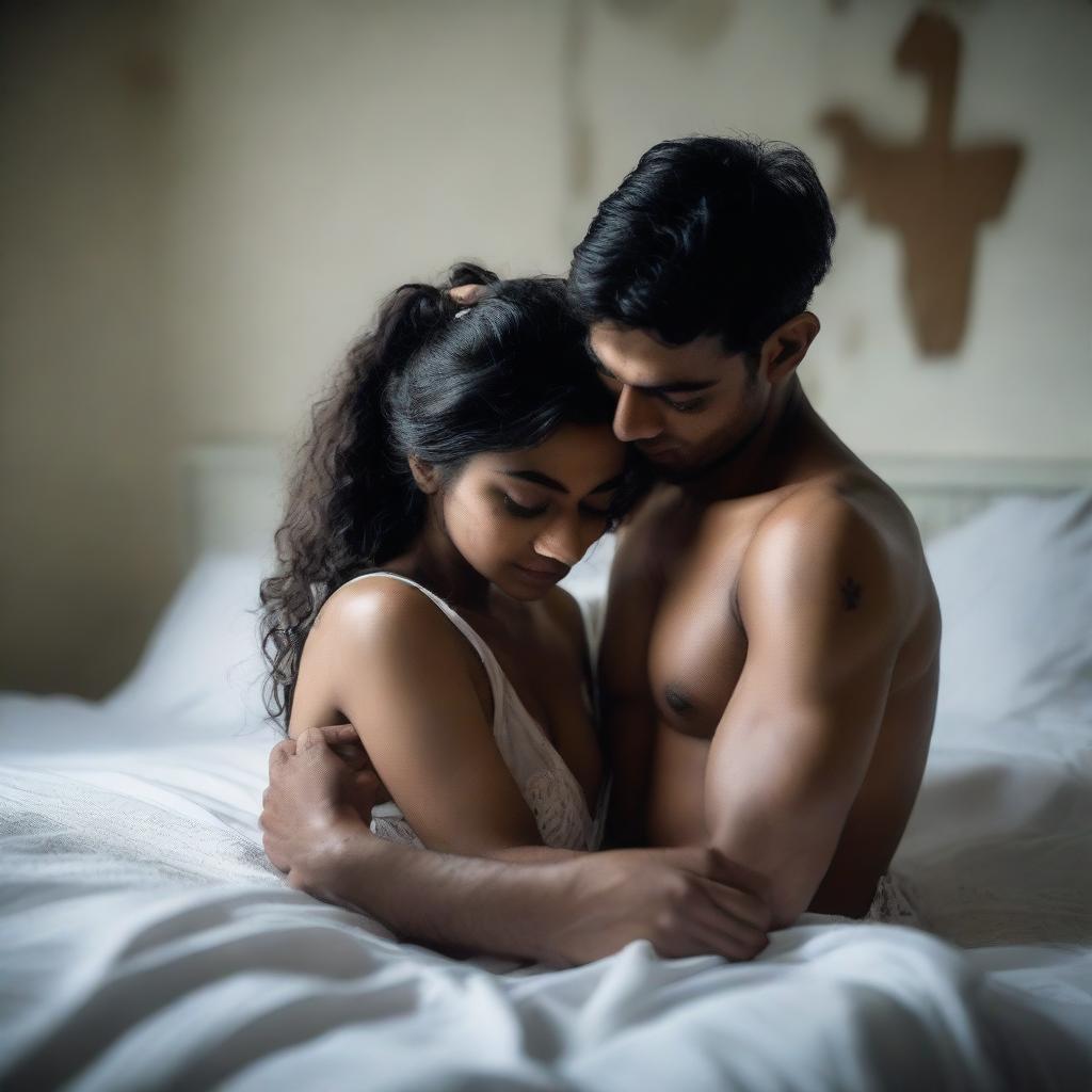 A shirtless man is embracing a beautiful and cute Bangladeshi girl who is wearing white lingerie