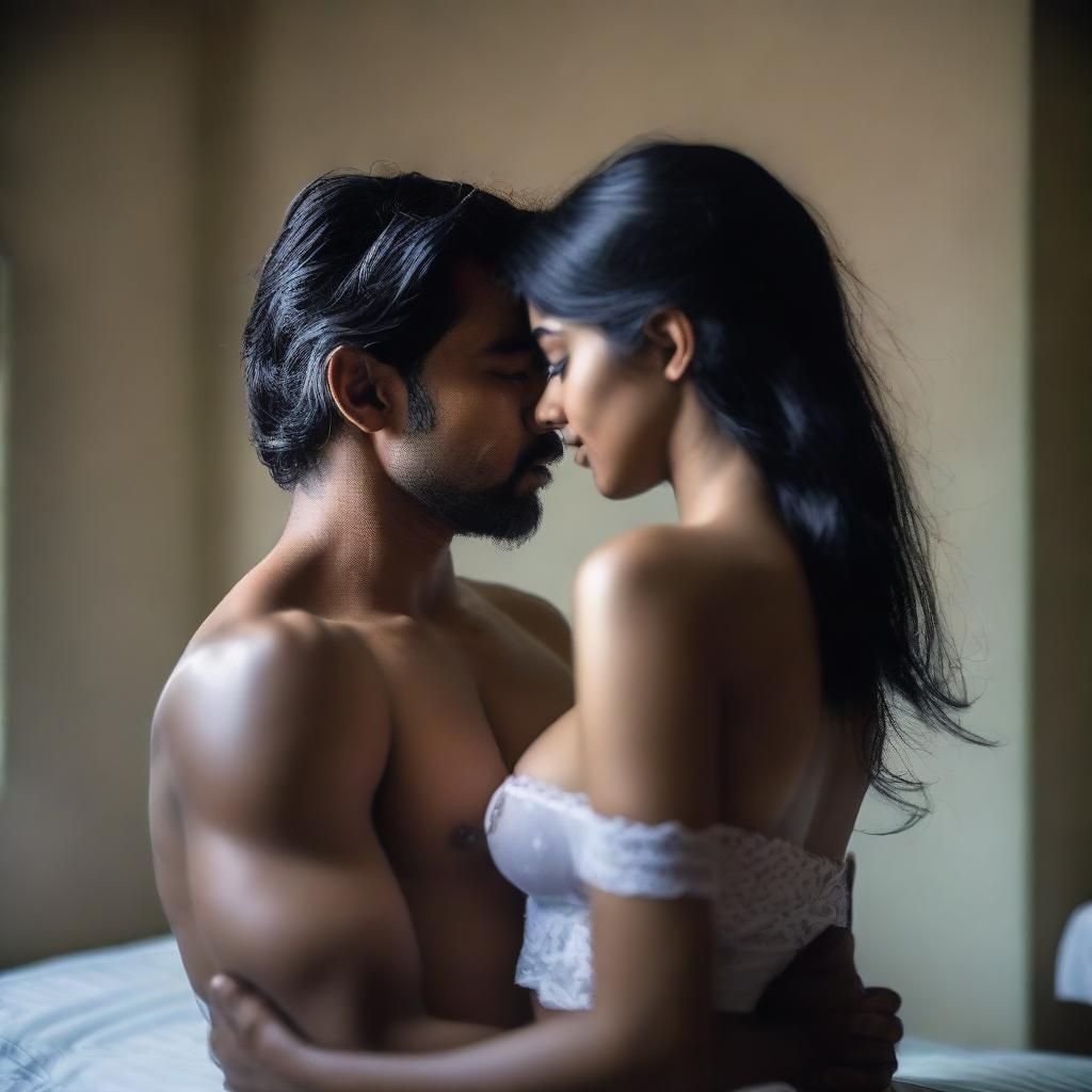 A shirtless man is embracing a beautiful and cute Bangladeshi girl who is wearing white lingerie