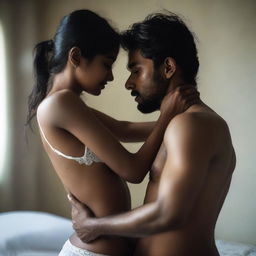 A shirtless man is embracing a beautiful and cute Bangladeshi girl who is wearing white lingerie