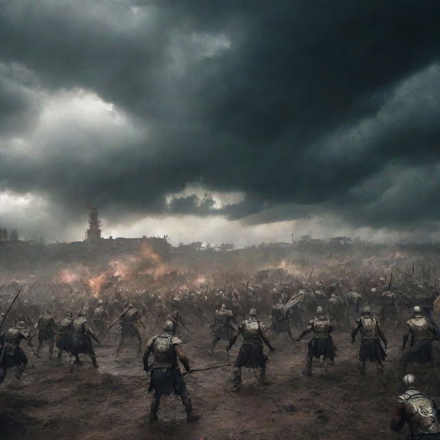 A detailed, action-packed battleground filled with warriors, set under an ominous sky with the name 'THR' prominently displayed in the foreground.