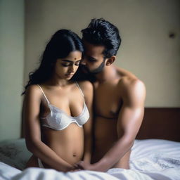 A shirtless man is embracing a beautiful and cute Bangladeshi girl who is wearing white lingerie