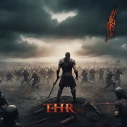 A detailed, action-packed battleground filled with warriors, set under an ominous sky with the name 'THR' prominently displayed in the foreground.