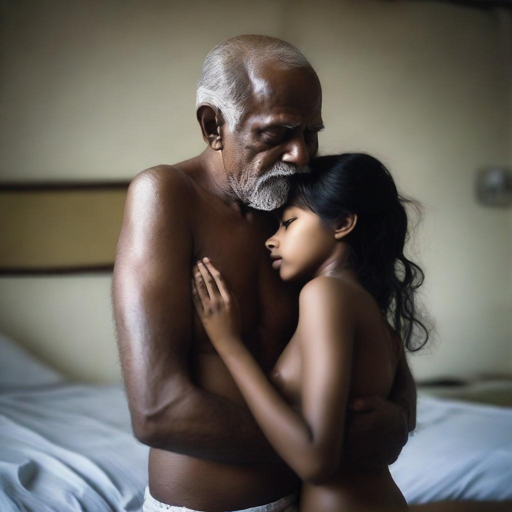 An old shirtless man is embracing a beautiful and cute Bangladeshi girl who is wearing white lingerie