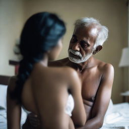 An old shirtless man is embracing a beautiful and cute Bangladeshi girl who is wearing white lingerie