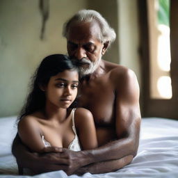 An old shirtless man is embracing a beautiful and cute Bangladeshi girl who is wearing white lingerie