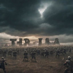 A detailed, action-packed battleground filled with warriors, set under an ominous sky with the name 'THR' prominently displayed in the foreground.