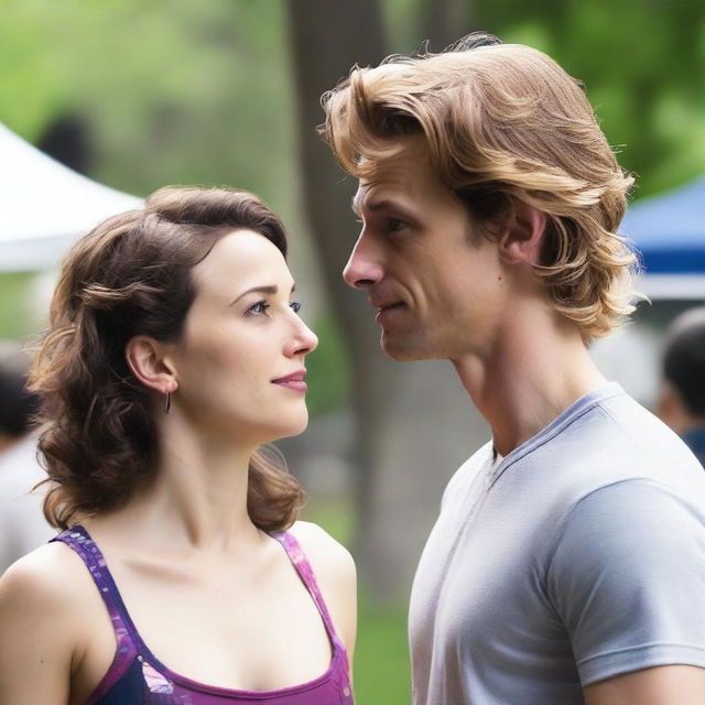 A 38-year-old athletic male with blond hair and facial features resembling Jacob Pitts stands in front of a brunette woman with shoulder-length hair, facial features resembling Milana Vayntrub