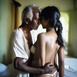 An old man without a shirt hugging a beautiful and cute Bangladeshi woman who is wearing white lingerie