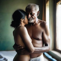 An old man without a shirt hugging a beautiful and cute Bangladeshi woman who is wearing white lingerie