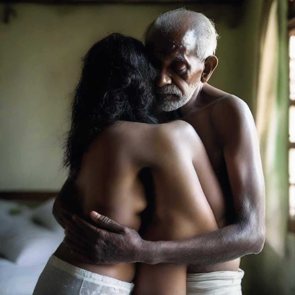 An old man without a shirt is hugging a beautiful and cute Bangladeshi woman who is wearing white lingerie