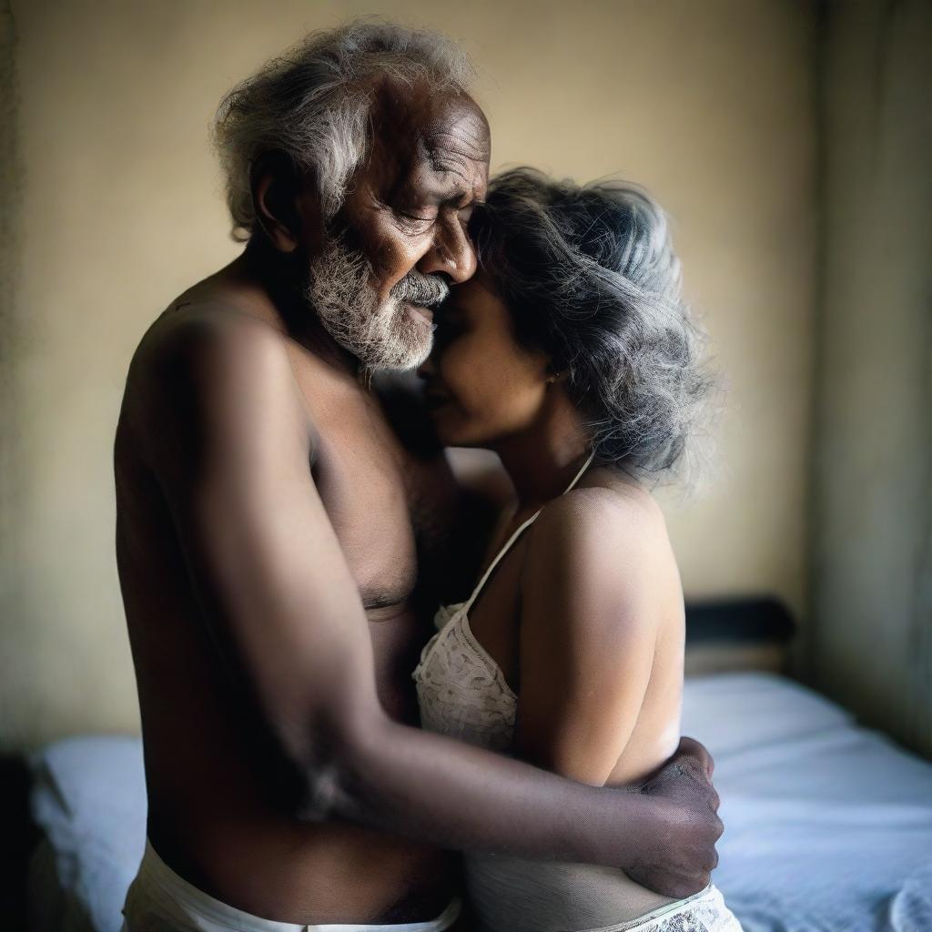 An old man without a shirt is hugging a beautiful and cute Bangladeshi woman who is wearing white lingerie