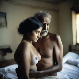 An old man without a shirt is hugging a beautiful and cute Bangladeshi woman who is wearing white lingerie