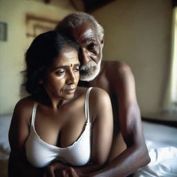 An old man without a shirt is hugging a beautiful and cute Bangladeshi woman who is wearing white lingerie