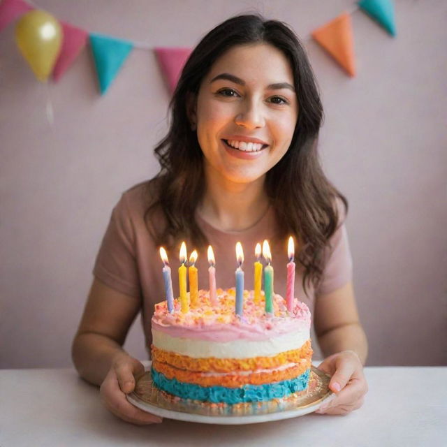 A person joyfully holding a colorful birthday cake with candles lit, in a festive setting. The name 'Dendih' is delicately piped with icing on top of the cake.