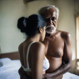 An old shirtless man is embracing a beautiful and cute young Bangladeshi woman who is wearing white lingerie