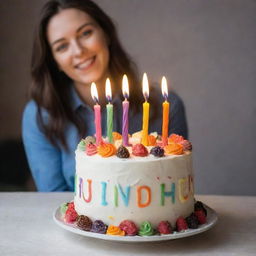 A person joyfully holding a colorful birthday cake with candles lit, in a festive setting. The name 'Dendih' is delicately piped with icing on top of the cake.