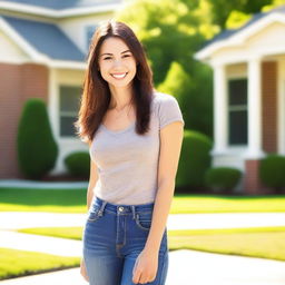 A cute young-adult girl-next-door with a friendly smile, wearing casual clothes