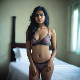 A beautiful Bangladeshi girl wearing lingerie, standing in a bedroom with a somber expression