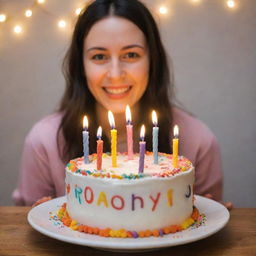 A person joyfully holding a colorful birthday cake with candles lit, in a festive setting. The name 'Dendih' is delicately piped with icing on top of the cake.