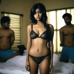 An image of a beautiful Bangladeshi girl wearing lingerie, standing in a bedroom with a gloomy expression on her face