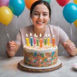 A person joyfully holding a colorful birthday cake with candles lit, in a festive setting. The name 'Dendih' is delicately piped with icing on top of the cake.