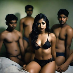 An image of a beautiful Bangladeshi girl wearing lingerie, sitting in a bedroom with a gloomy expression on her face