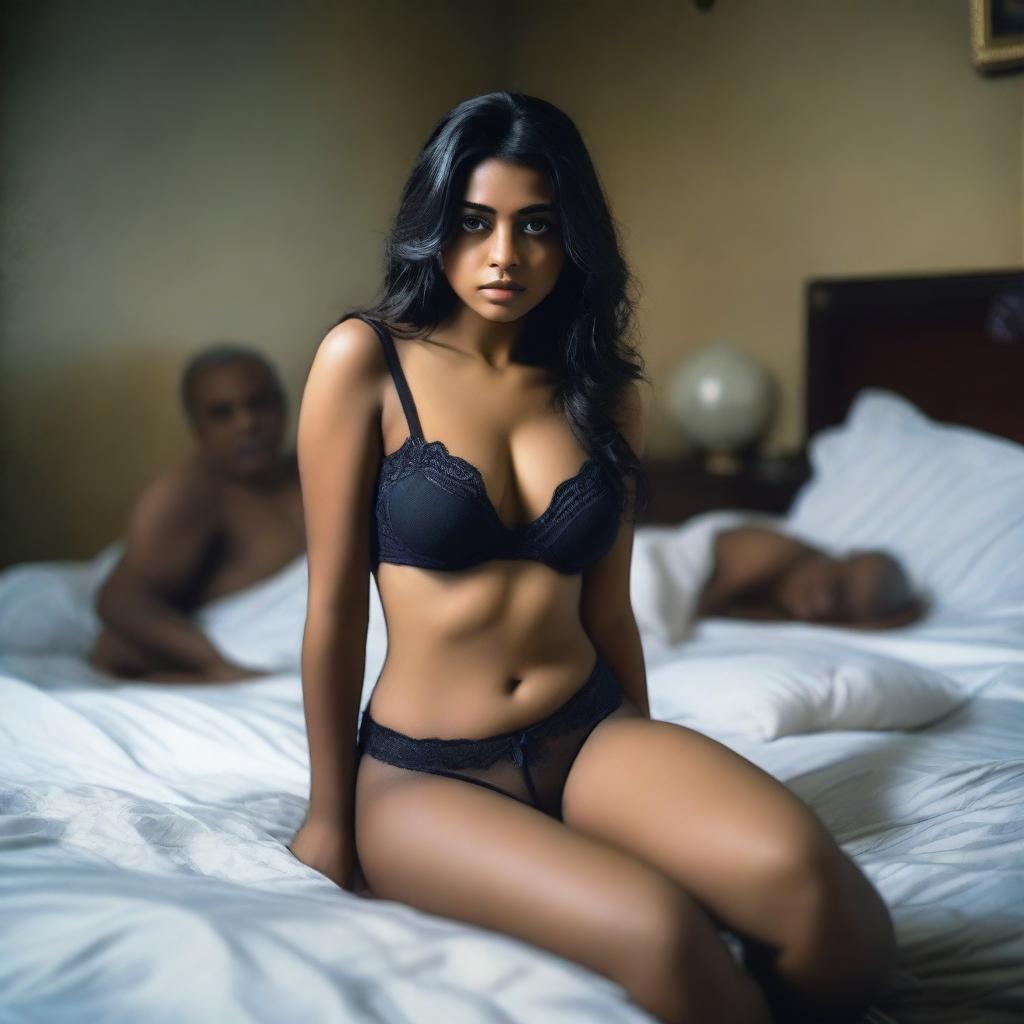 A beautiful Bangladeshi girl wearing lingerie, lying in a bedroom with a very somber expression, surrounded by old men