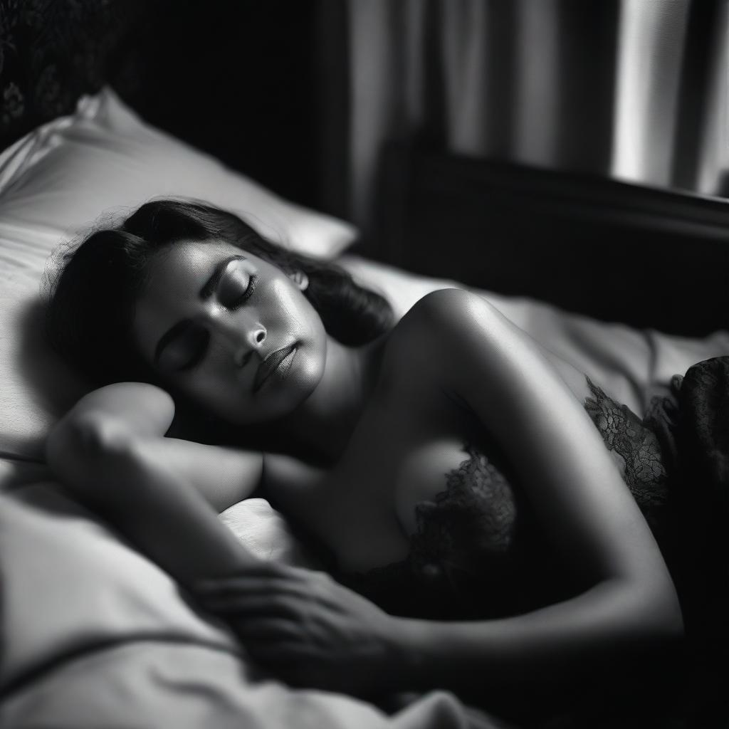 A beautiful Bangladeshi girl is sleeping in a bedroom, wearing black lingerie