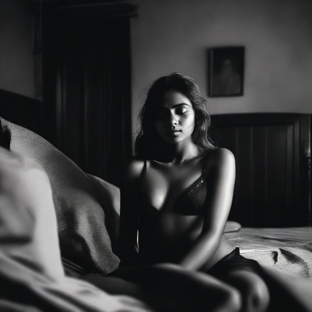 A beautiful Bangladeshi girl is sleeping in a bedroom, wearing black lingerie