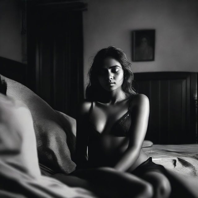 A beautiful Bangladeshi girl is sleeping in a bedroom, wearing black lingerie