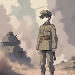 An anime-style illustration of a young boy in a World War I military uniform, standing amidst a battlefield surrounded by dust and smoke