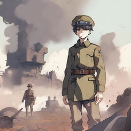 An anime-style illustration of a young boy in a World War I military uniform, standing amidst a battlefield surrounded by dust and smoke