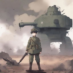 An anime-style illustration of a young boy in a World War I military uniform, standing amidst a battlefield surrounded by dust and smoke