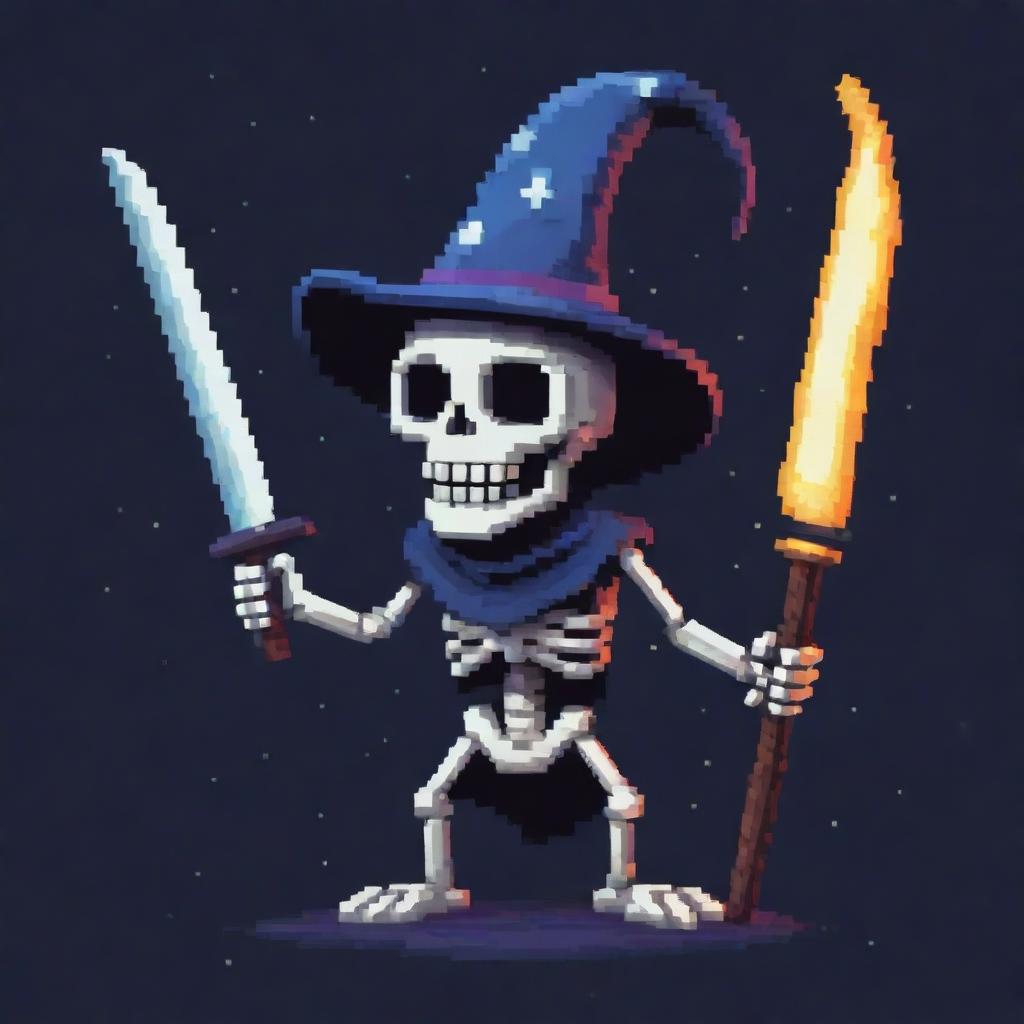 A side-angled view of an evil pixelated skeleton with a wizard hat, displaying a mischievous grin while stargazing and holding a katana. This creates a captivating and unique character in pixel art form.