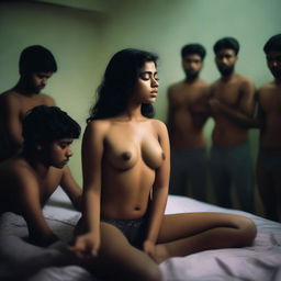 An image of a beautiful Bangladeshi girl sleeping with her hands above her head, wearing lingerie in a bedroom