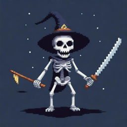 A side-angled view of an evil pixelated skeleton with a wizard hat, displaying a mischievous grin while stargazing and holding a katana. This creates a captivating and unique character in pixel art form.