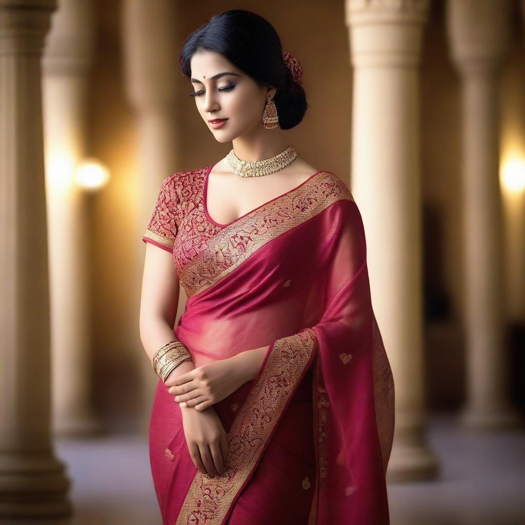 A beautiful woman wearing a traditional Indian saree in a sensual and elegant manner