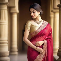 A beautiful woman wearing a traditional Indian saree in a sensual and elegant manner