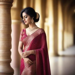 A beautiful woman wearing a traditional Indian saree in a sensual and elegant manner