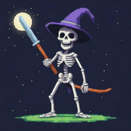 A side-angled view of an evil pixelated skeleton with a wizard hat, displaying a mischievous grin while stargazing and holding a katana. This creates a captivating and unique character in pixel art form.