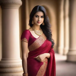 A beautiful woman wearing a traditional Indian saree in a sensual and elegant manner