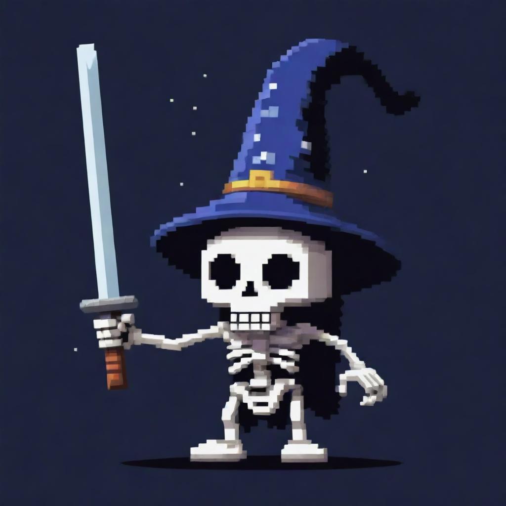 A side-angled view of an evil pixelated skeleton with a wizard hat, displaying a mischievous grin while stargazing and holding a katana. This creates a captivating and unique character in pixel art form.