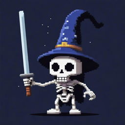 A side-angled view of an evil pixelated skeleton with a wizard hat, displaying a mischievous grin while stargazing and holding a katana. This creates a captivating and unique character in pixel art form.